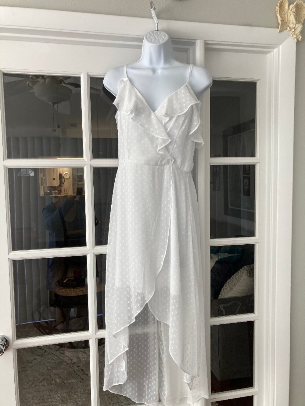 I.N. White Slip Maxi Dress with Short Flutter Sleeves Overlay Hem Dotted Voile M